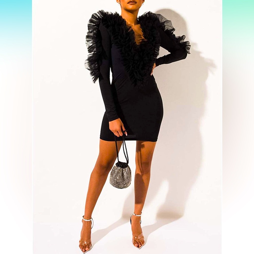 Black Fall V-Neck Business Cocktail Ruffled Sleeves Bodycon Dress size M - Picture 3 of 7